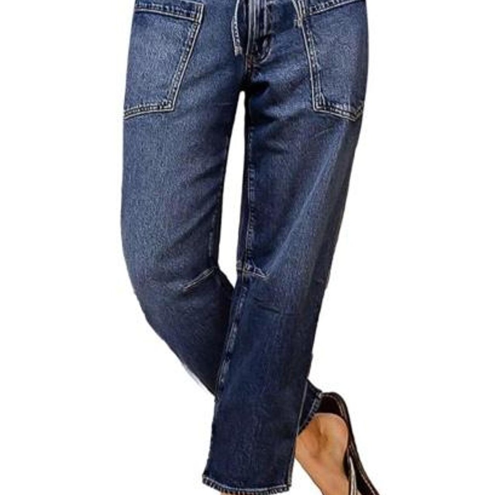 Flamingals Women's Mid Waist Straight Leg Drawstring Cropped Jeans